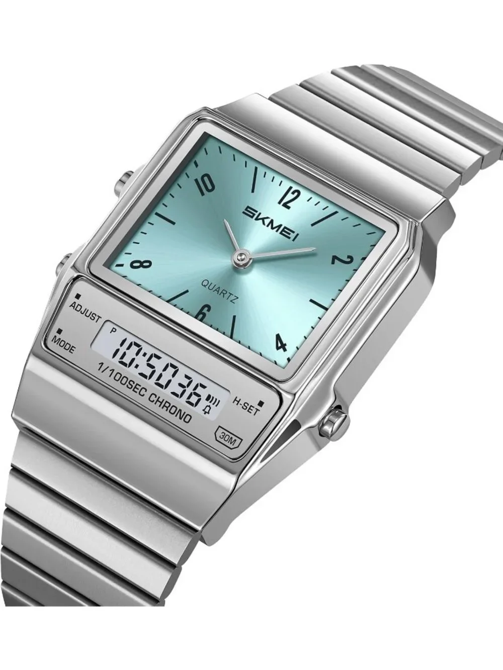 Unisex Silver Blue Digital Analog Retro Square Stainless Steel Stopwatch Watches